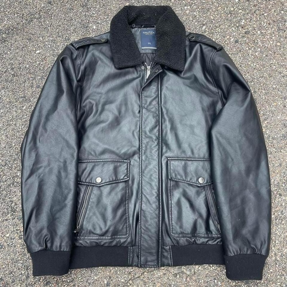 Nautica Black Leather Bomber Jacket Mens Size 2XL Full Zip Casual Outdoors